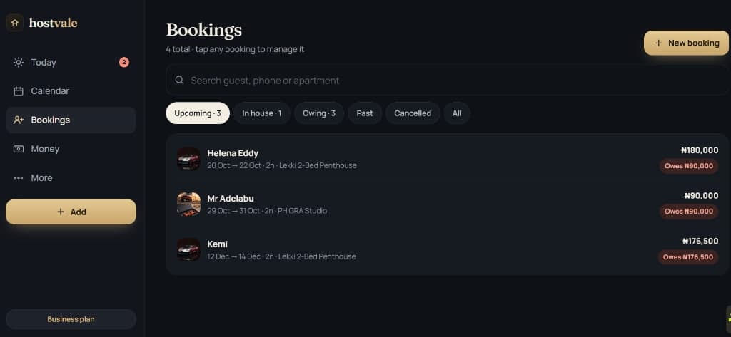 Bookings management portal: multi-property schedules, payment status, and guest check-in tracking
