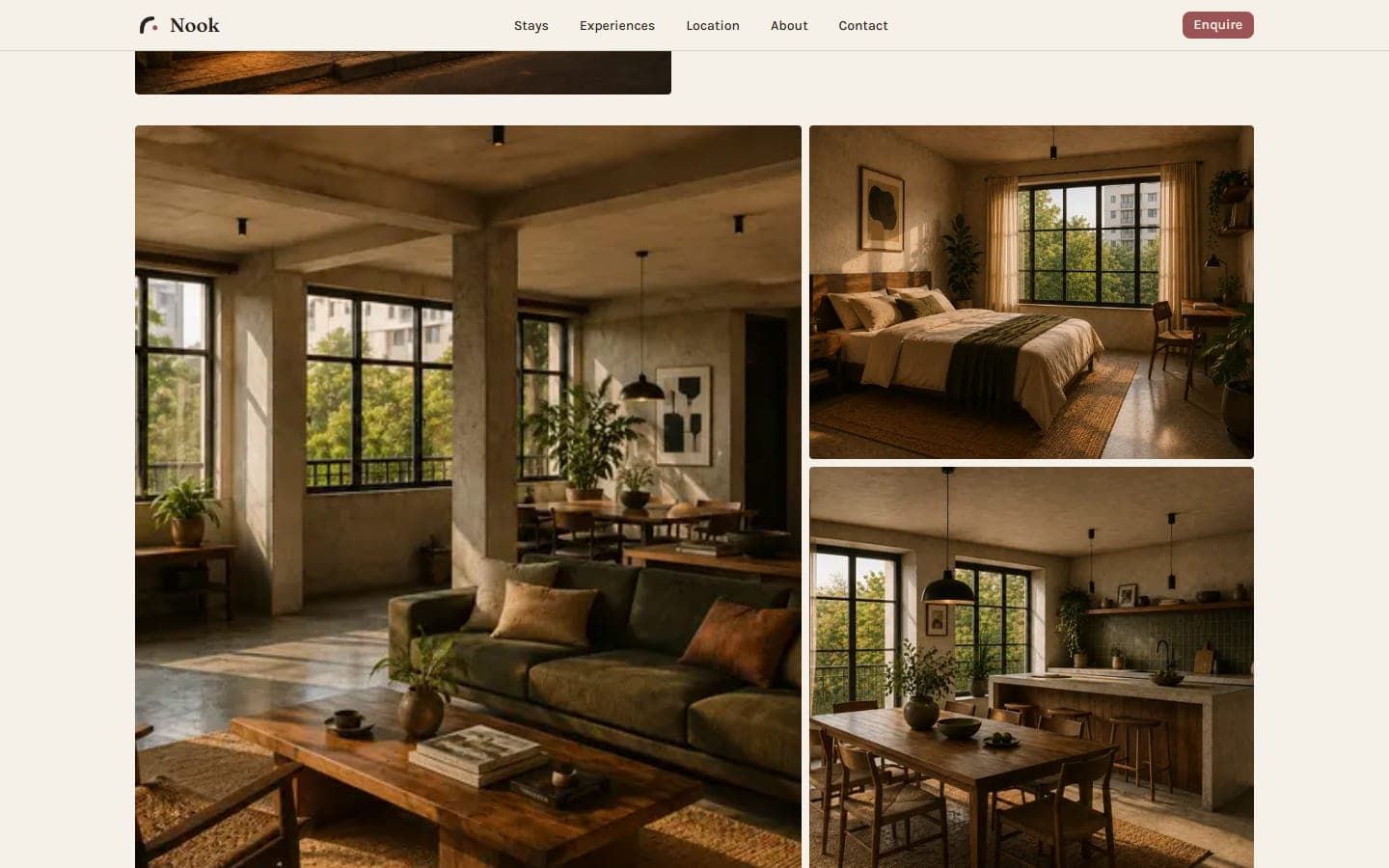 Stay detail showcase: immersive architectural photo gallery and reservation enquiry flow