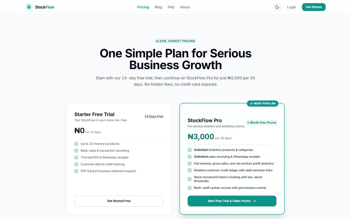 Pricing tiers: transparent structure with 14-day free trial and Pro plan with WhatsApp receipts