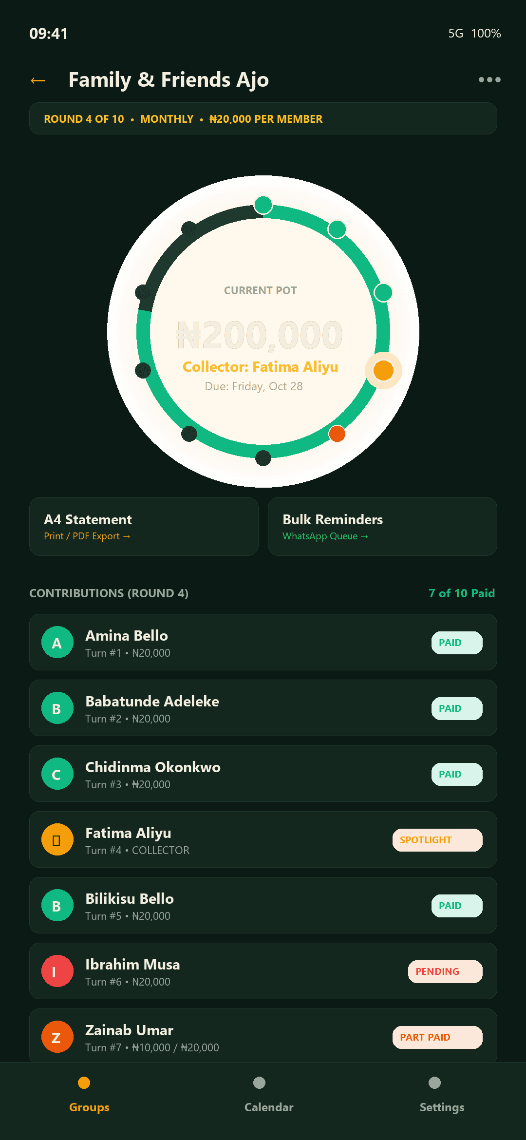 Yípo Android interactive Ajo turn ring showing collector spotlight and member contributions